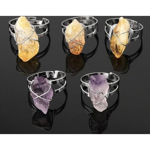 Women Ring Natural Stone Irregular Crystal Silver Color Wire Wrapped Adjustable Open Rings Reiki Fashion Jewelry Party