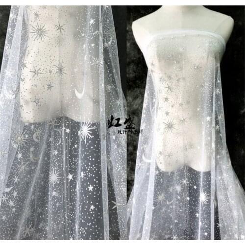 1 Yard Shinny Glitter Stars Moon Romantic Tulle Fabric Silver Stars Lace fabric For Bridal Gown Dress Stage Dress Houte Couture