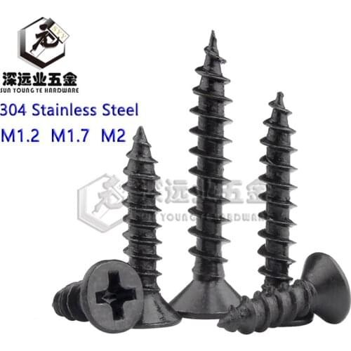 100pcs M1.2 M1.7 M2 304 Stainless Steel With Black Zinc Plating Cross Recessed Flat Head Countersunk Self-tapping Wood Screws