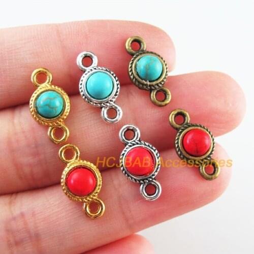 25Pcs Retro Gold Tibetan Silver Bronze Tone Round Blue&Red Stone Charms Connectors 8.5x16mm