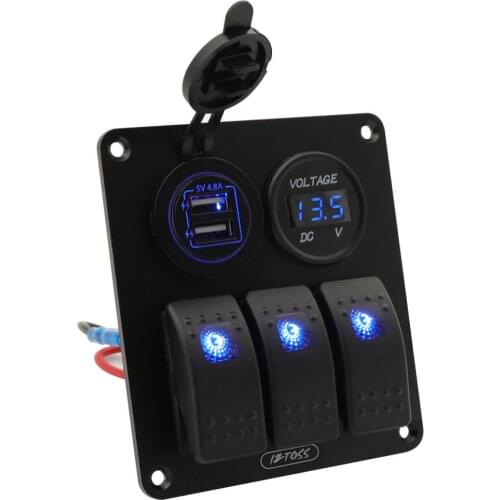 3 Gang Switch Panel with LED Digital Voltmeter USB Charger for RV Car Blue