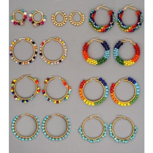 Boho Beads Ear Ring Hoop Earrings Bohemian Natural Stone Pendiente Boho Jewelry 2021 Women Earrings Stainless Steel Circle