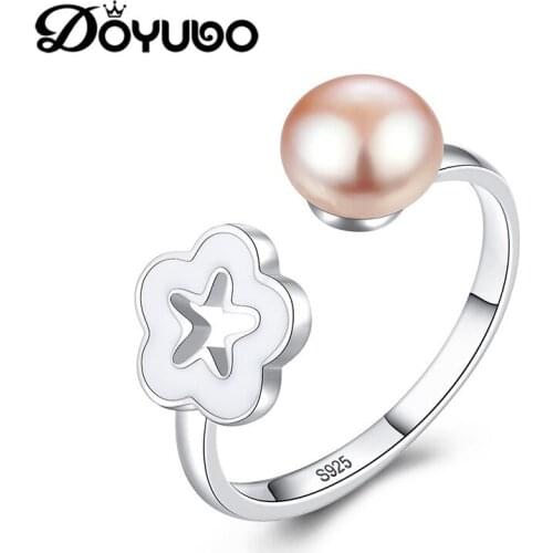 DOYUBO Simple Womens 925 Sterling Silver Pearl Ring S925 Lovely Emamel Flower Wedding Ring Jewelry Adjustable Size Rings VB330