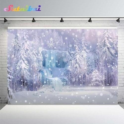 Winter Wonderland Frozen Backdrop for Photography Mountain Snow Pine Tree Forest Snowflake Birthday Background for Photo Studio