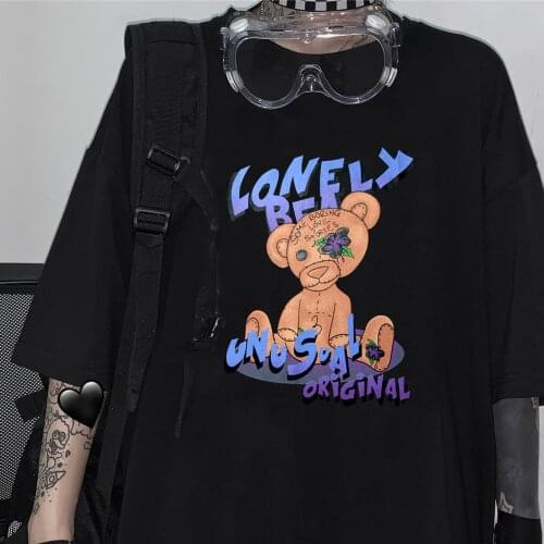Cute bear Dark cartoon print T-shirt streetwear summer new Korean loose fashion y2k top vintage Harajuku punk womens T-shirt