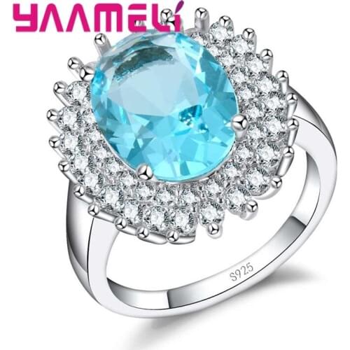 Christmas Sale Luxury 925 Sterling Silver Rings Sky Blue AAA Zircon Stone Flower Jewelry for Wedding Engagement Party