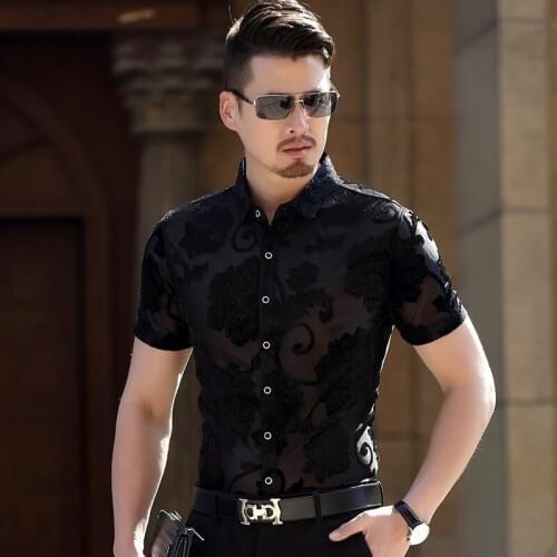 Men See Through Summer Shirt Tencel Cool Flower Sexy Transparent Shirt Men Lace Party Club Mesh Shirt Chemis Homme