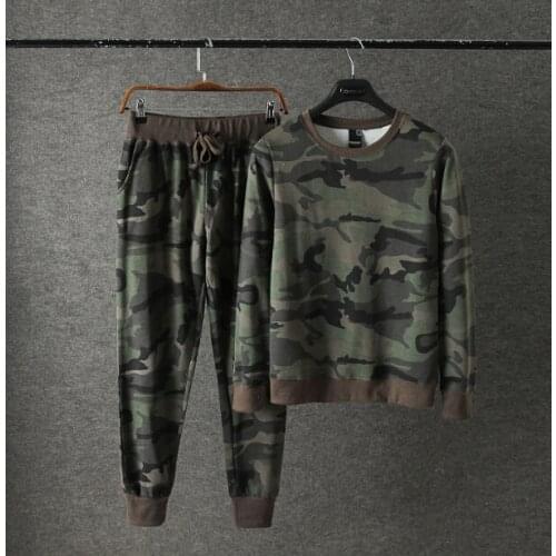 Mens Cotton Camouflage tracksuit Round-neck Guard Sports Hallen Bottomwear Two-piece suit