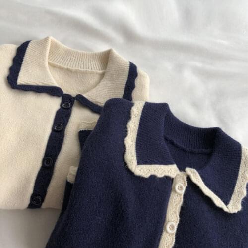 Soft Girl Small Lace Lapel Knit Sweater Cardigan Korean Loose Long Sleeve Student Short Coat Jacket Autumn and Winter New