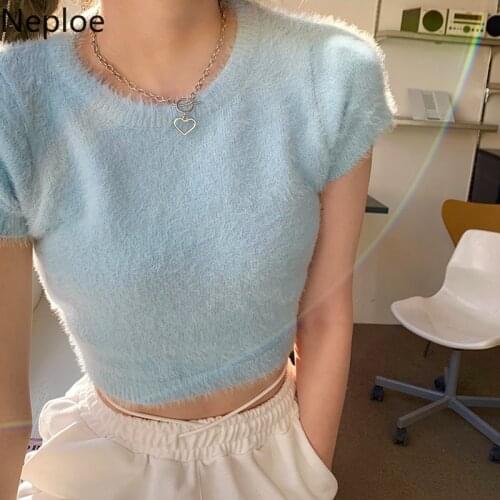 Neploe Knitted Cropped Sweaters Women Slim Fit Solid Crop Tops O-neck Short Sleeve Knitwear Pullovers All-match Sueter Mujer