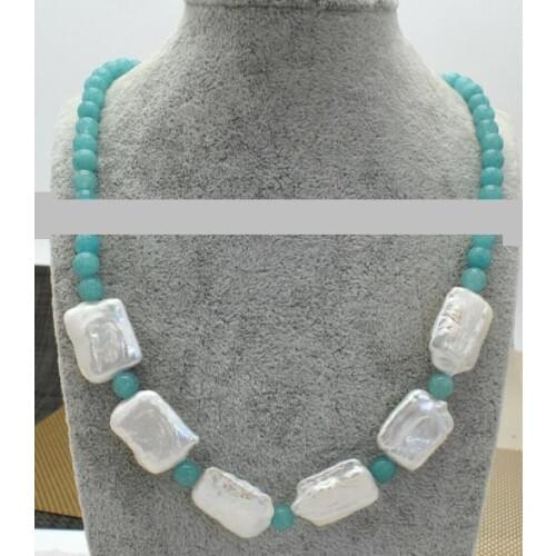 New 6mm Blue Aquamarine & 15x20mm Baroque White Pearl Necklace 18'' AAA
