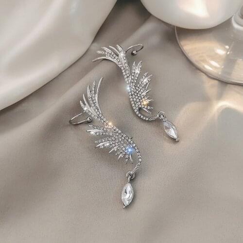 New Angel Wing Full Rhinestone Ear Cuff Popular Leaf Shaped Clear Crystal Jewelry Women Clip Earring Punk Clip on Earrings
