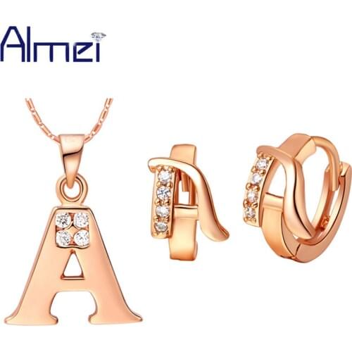 New Almei Promotion Letter Jewelry Sets Silver Micro Pave Australian Crystal Earrings and Rose Gold Color Necklace Set T324