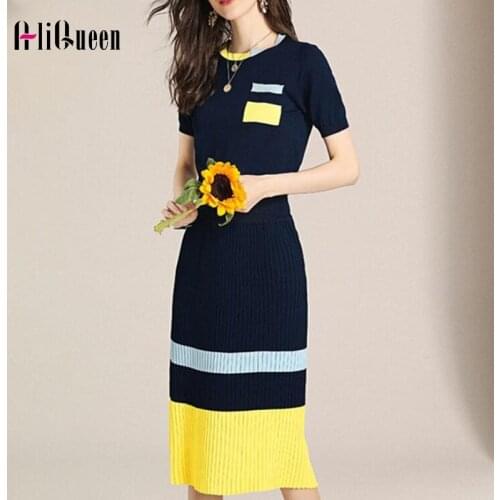 2 Piece Set 2019 Autumn Knitted Women Set Knitted Sweater + Elastic Waist 2 Piece Set Hit Color Pocket Knit Pleated Skirt Suit