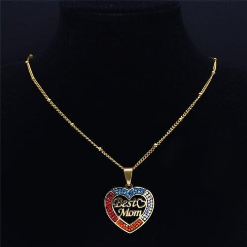 Best Mom Heart Stainless Steel Crystal Charm Necklace for Women Gold Color Pendant Necklaces Women Jewelry collares N4890S01