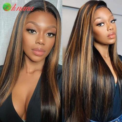 Alinana 13x6 Transparent Lace Frontal Wig Ombre Highlights Colored Human Hair Wigs 180% Density Pre-Plucked For Black Women