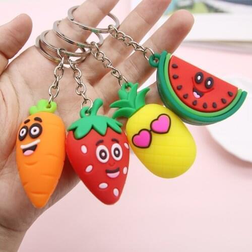 Cute Cartoon Fruits Keychain Pvc Carrot Strawberry Pineapple Watermelon Keychains Women Bag Pendant Keyring