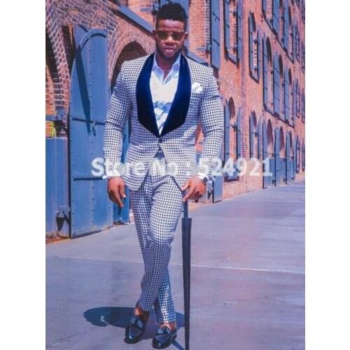 Groomsmen Houndstooth Groom Tuxedos Newest Men Suits Shawl Black Lapel Best Man 2 pieces Wedding Suit ( Jacket+Pants+Tie ) C578