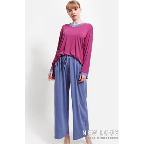Vintage Style Modal Pajamas Set Long Sleeve Shirt Pants 2Piece/Set Sexy V-Neck Casual Mom Big Size Pajamas Set Mom Cozy Homewear