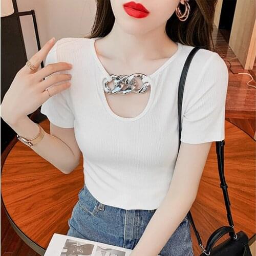 2021 Summer Womens T-shirts Tops Creative Sexy Chain U-neck Fashion Short Sleeve Top Tee Shirt Femme Slim Elastic Tees