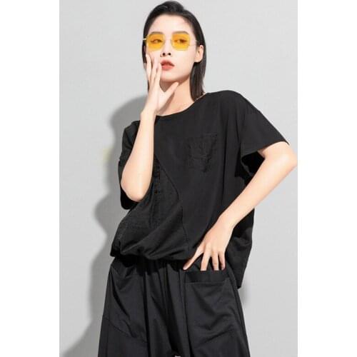 2021 Newest Chiffon Stitching Irregular Summer Black Tees Tops Women Blouse O-Neck Big Loose Size Casual Slim T-Shirt