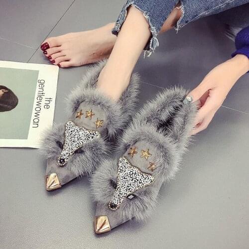 Spring and Autumn Fur Women Flat Shoes New Flat Pointed Toe Female Winter Shoes Single with Fleet and Pork Shoes