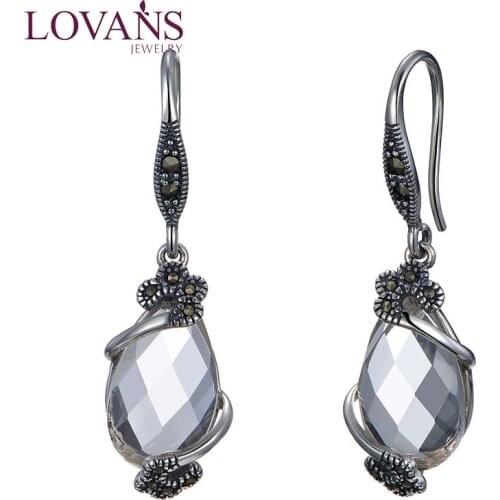 LOVANS Authentic Crystal Stone 925 Tai Silver Dangle Drop Earrings for Women Water Drop Shape Jewelry Gift for Wedding Party