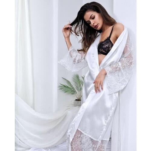 Hot Summer Lace Patchwork Satin Kimono Robe Sexy Sleepwear Lingerie Chemises Women Silk Long Nightgown Wedding bridesmaid Robes