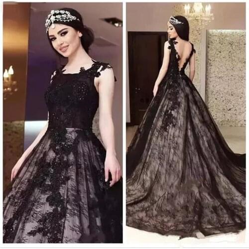 Elegant Black Lace Wedding Dress A Line Open Back Beaded Appliques Gothic Plus Size Bridal Gowns Wedding Gown Vestido De Novia