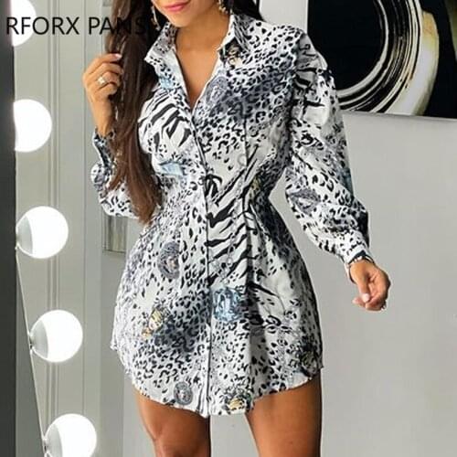 Women Casual Leopard Elegant Long Sleeve Button Mini Dress