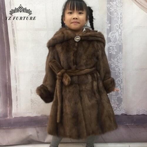 Winter Real Mink Fur Coats Kids With Hooded And Belt Girl Baby Popular Warm Outerwear With Skirt Design MKW-352
