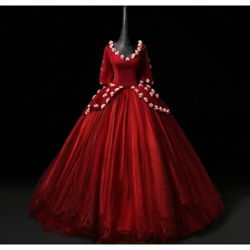 100%real wine red mesh flower half lantern sleeve court ball gown Medieval dress Renaissance Gown princess victoria dress