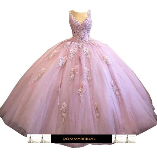2021 Romantic Dusty Rose Pink 3D Floral Flowers Ball Gown Quinceanera Formal Sweet 15 Dresses Long Cheap Sheer Neck Lace Beads
