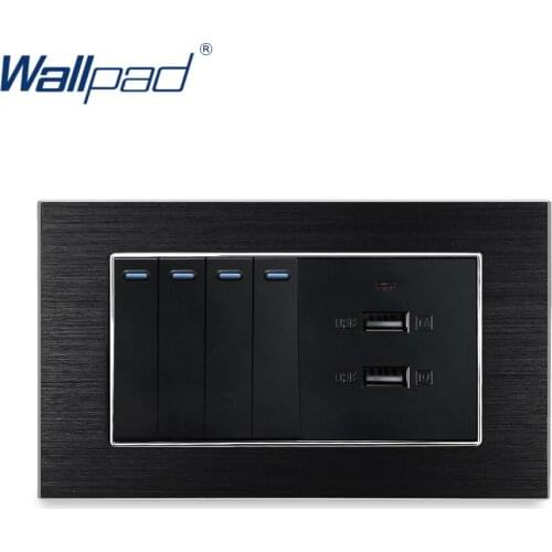 4 Gang 2 Way Switch With 2 USB Charger Wallpad Luxury Wall Outlet Satin Metal Panel 146*86mm 5V 2100MA