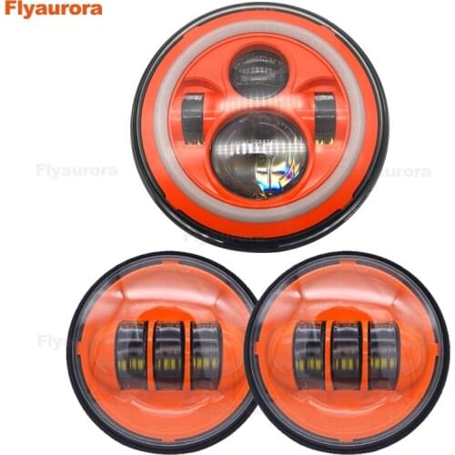 7" Inch LED Projector Moto Orange Headlight + 4.5"orange Passing Auxiliary Spot Fog Lamp for Street Glide Softail Touring