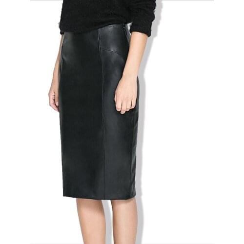 Free Shipping 2018 New Fashion Long Knee Length High Waist Spring And Autumn Women PU Leather Skirt OL Female Slim Hip Black L