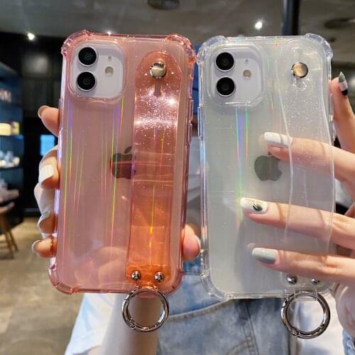 Glitter Laser Wrist Strap Clear Phone Case for iPhone 12 Mini 11 Pro Max SE 2020 Wristband Hand Holder Soft TPU Shockproof Cover