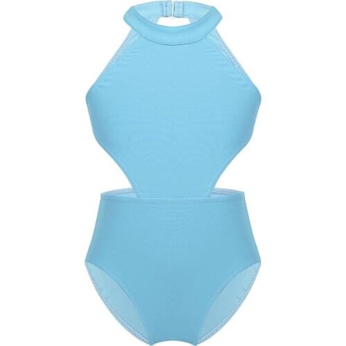 Kids Girls Dance Costume Summer Sleeveless Halter Cutouts on Waist Backless Children Ballet Gymnastics Leotard Jumpsuit 5 Colors