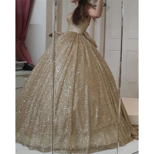 Long Sparkly Glitter Gold Evening Gowns 2020 With Cute Bow Puffy Ball Gowns Sweetheart Bling Bling Prom Dress Vestido Formatura