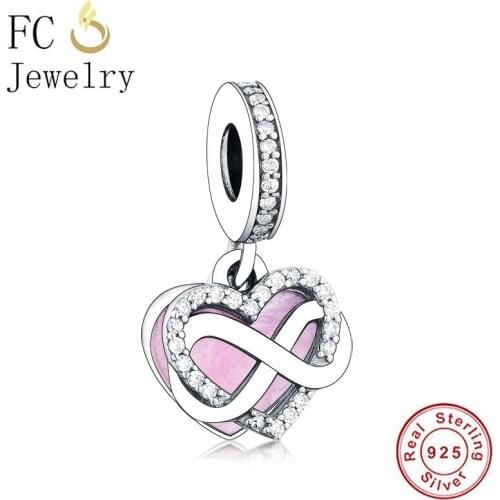 FC Jewelry Fit Original Brand Charm Bracelet 925 Silver Pink Enamel Heart Infinity Love Bead Pendant For Making Berloque 2020