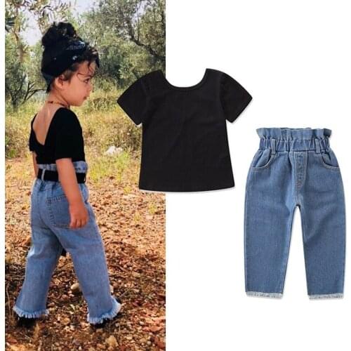 Toddler Infant Baby Kids Girl Short Sleeve Top T Shirts Denim Pants Set Outfits Summer Clothes