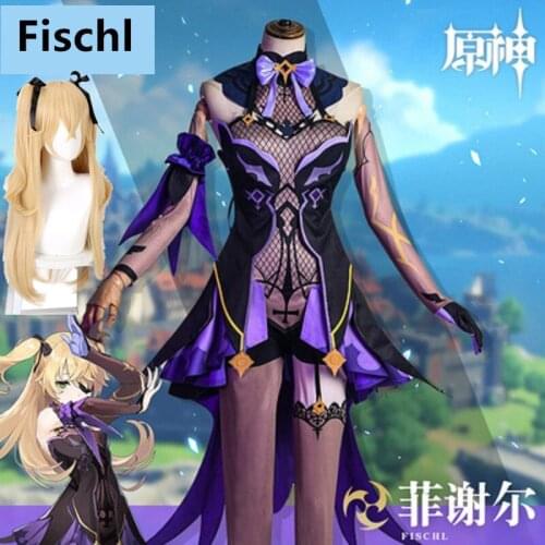Game Genshin Impact Fischl Cosplay Costume Wigs Shoes Anime Outfits Dress Halloween Carnival Uniforms