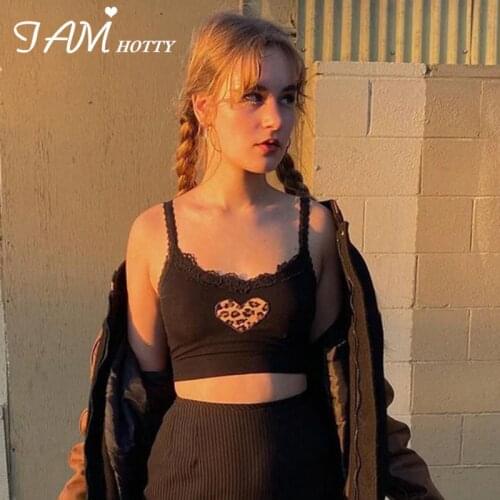Y2k Fashion Leopard Heart Print Lace Corset Crop Top Women Summer Harajuku Casual Brown Sleeveless Cotton Gym Camisole Iamhotty