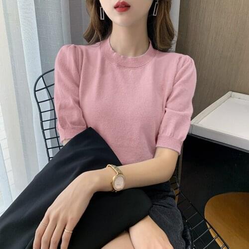 Fashion New womens ice silk knitted sweater, bottom wear, loose Korean version of students sleeveless middle sleeve t-shirt
