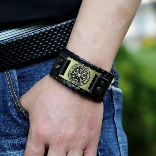 Eif Dock Mens Wide Viking Leather Wrap Bracelets Rock Punk Compass Charm Male Wrist Jewelry Length Adjustable Bangles
