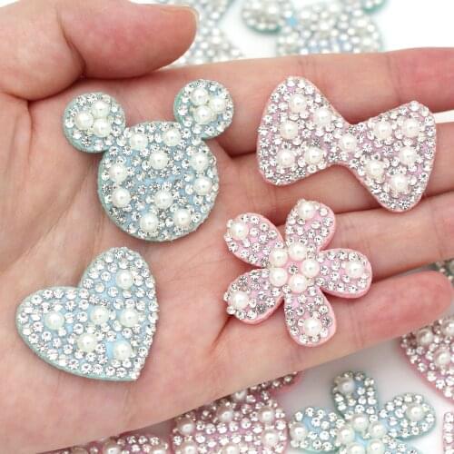 10Pcs Pink/Blue Base Patches Rhinestone Applique Flower/Mouse/Bows/Heart Pearl Patches For Clothes Sew On Patch Hair Accessories