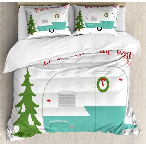 Adventure Duvet Cover Set Laughing All The Way Calligraphy with a Caravan and a Christmas Tree Decorative 3 Piece Bedding Set