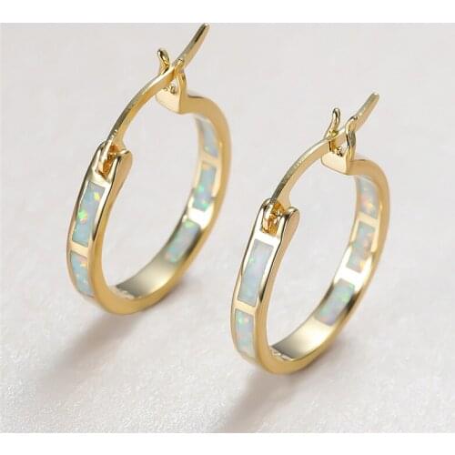 Luxury Yellow Gold Cute Round Hoop Earrings For Women Vintage Fashion White Blue Fire Opal Stone Earrings Female Wedding Jewelry
