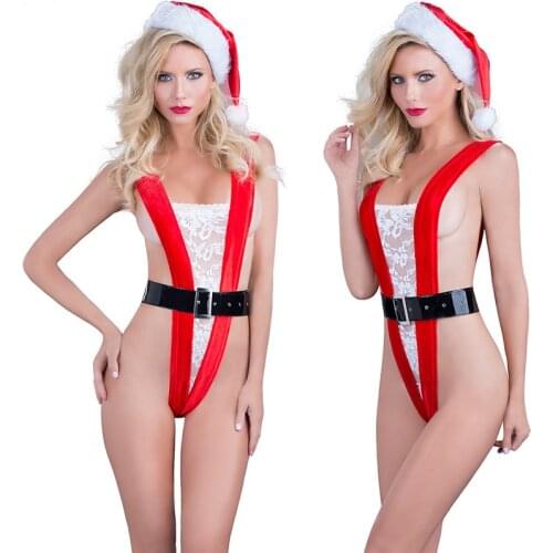 Sexy Underwear Red and White Lace Embroidery Perspective Temptation Deep V Jumpsuits Christmas Lingerie with Hat Clothes Sets