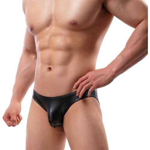 Men Briefs Shiny Low Rise Sexy Pouch Bulge Male Panties Faux Leather Slips Mens Underpants Bikini Brief